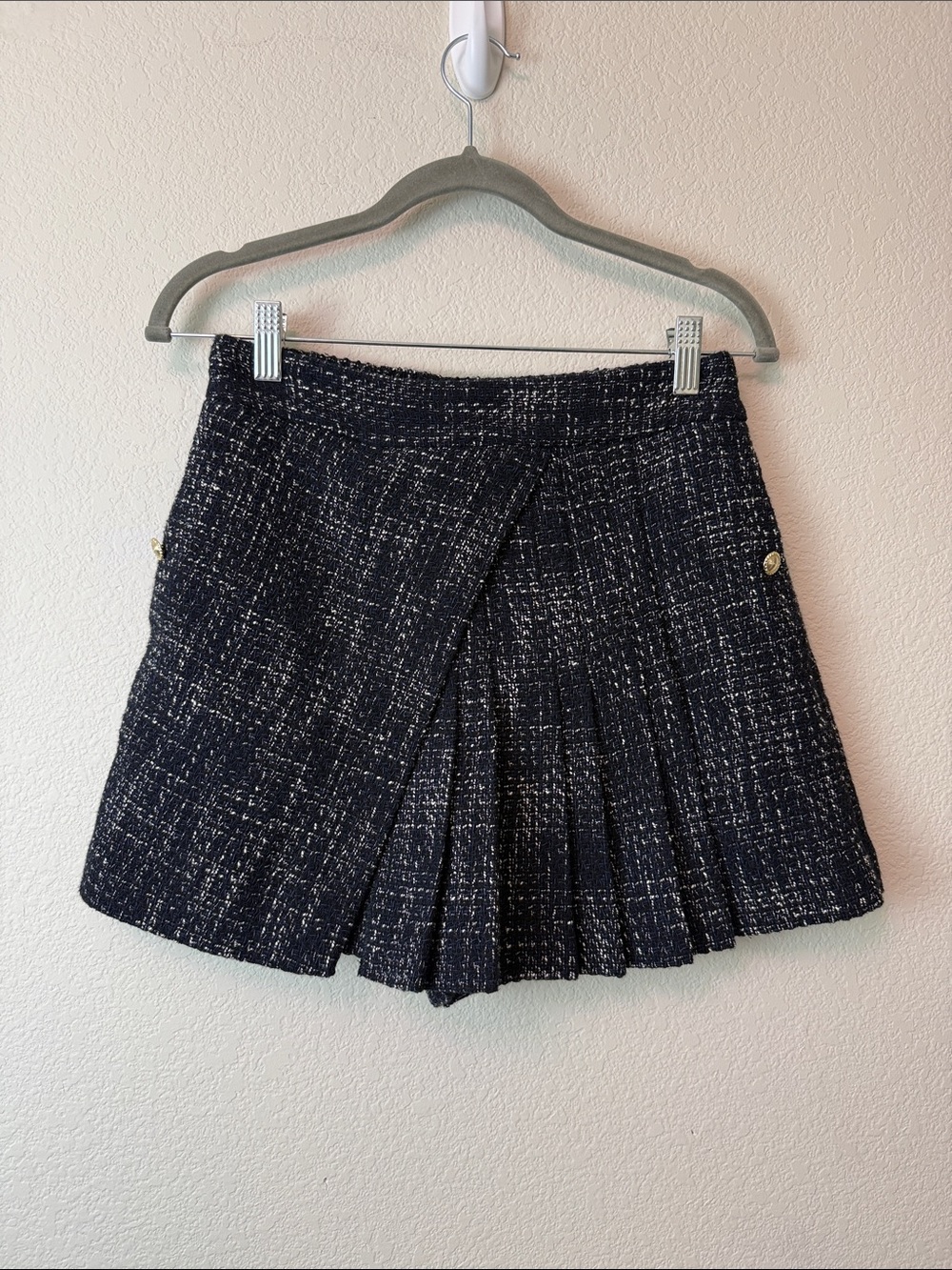 Maje Textured Navy Tweed Pleated Mini Skort Size 36